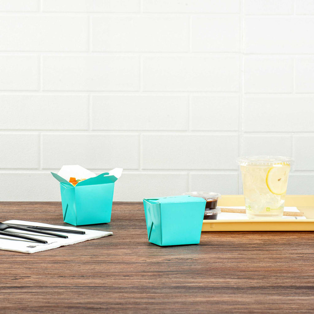 Bio Tek 8 oz Square Turquoise Paper Noodle Take Out Container - 2 3/4" x 2 1/4" x 2 1/2" - 50 count box