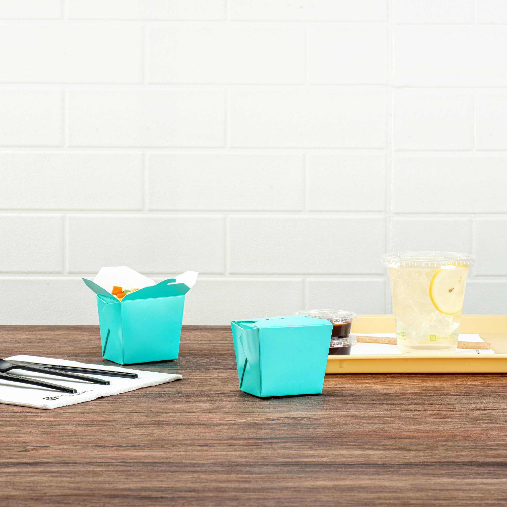 Bio Tek 8 oz Square Turquoise Paper Noodle Take Out Container - 2 3/4" x 2 1/4" x 2 1/2" - 50 count box