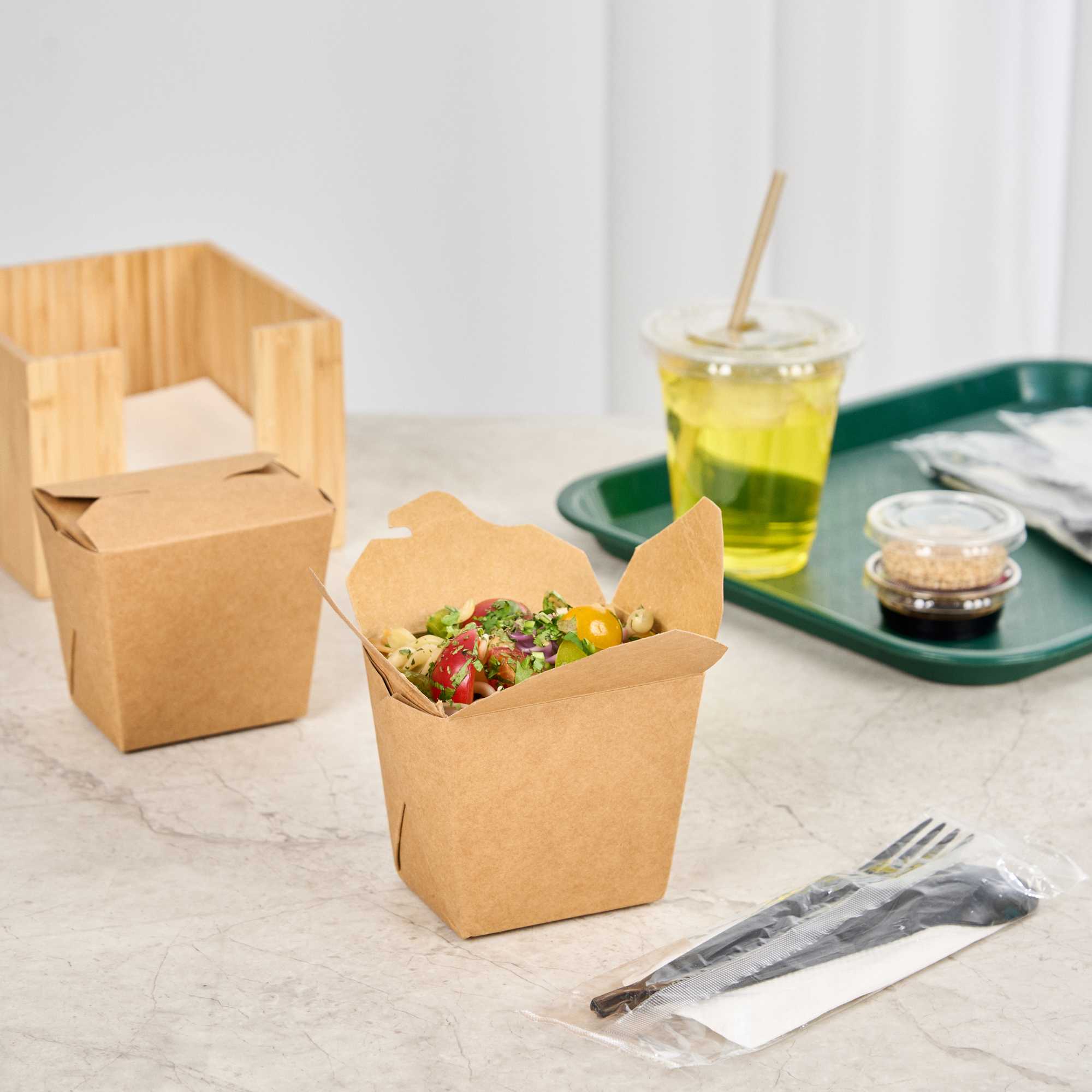 Bio Tek 16 oz Square Kraft Paper Noodle Take Out Container - 3 1/2" x 3" x 3 1/4" - 25 count box
