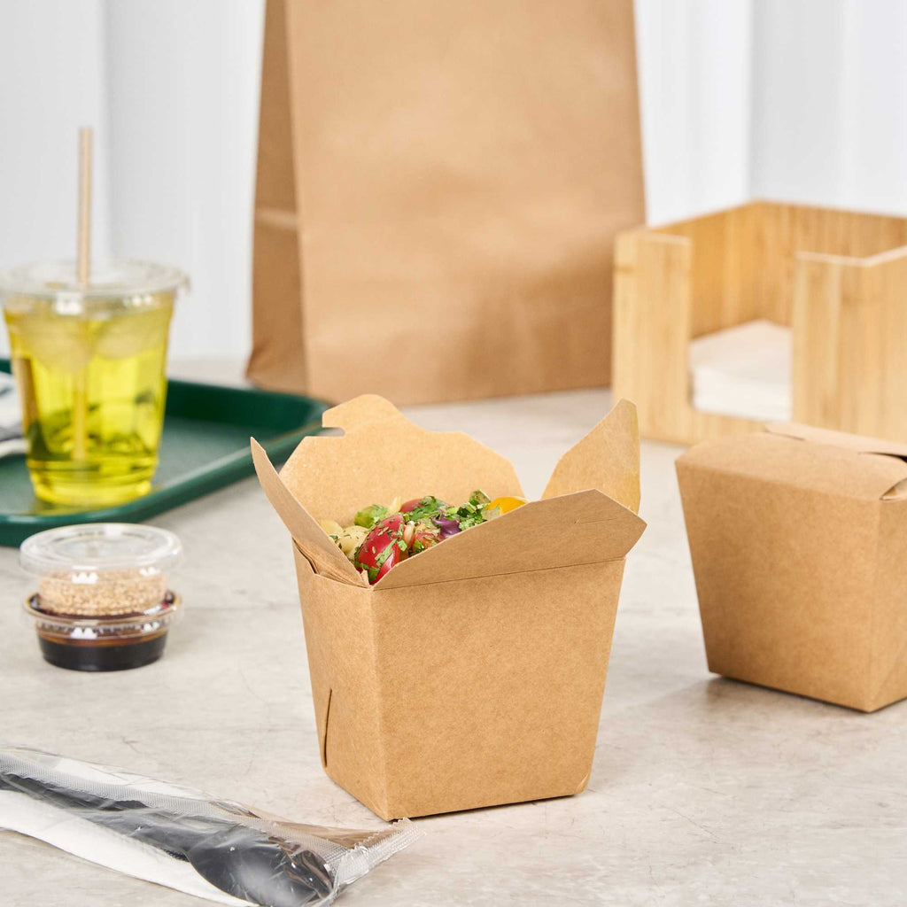 Bio Tek 16 oz Square Kraft Paper Noodle Take Out Container - 3 1/2" x 3" x 3 1/4" - 25 count box