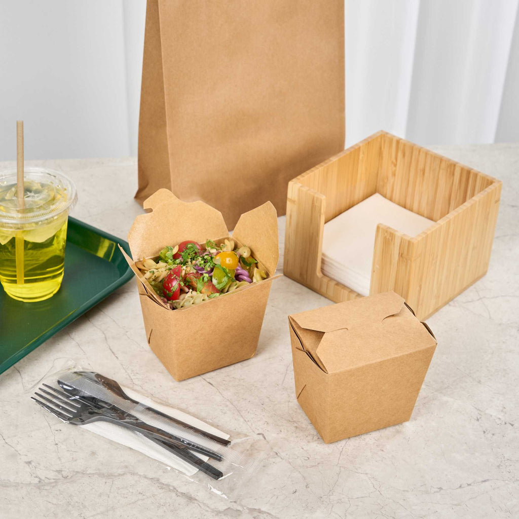 Bio Tek 16 oz Square Kraft Paper Noodle Take Out Container - 3 1/2" x 3" x 3 1/4" - 200 count box