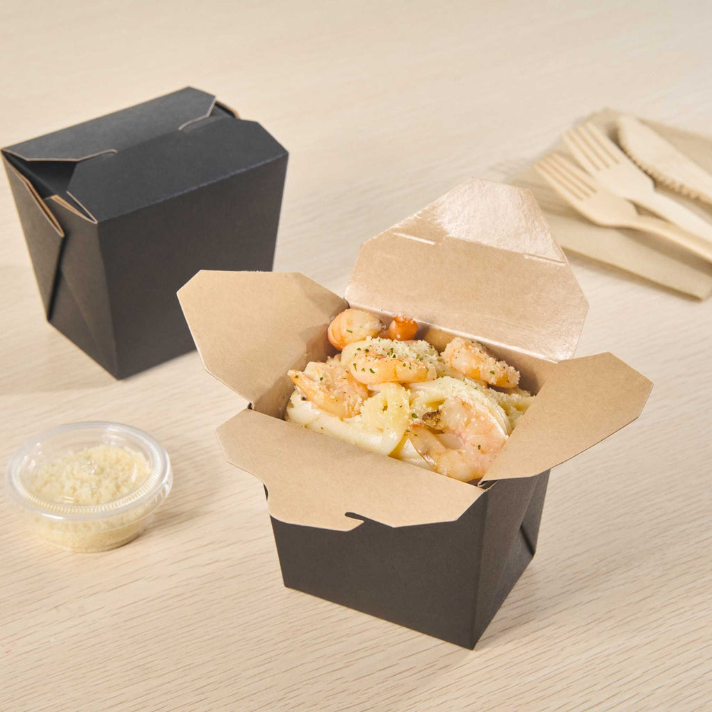Bio Tek 16 oz Square Black Paper Noodle Take Out Container - 3 1/2" x 3" x 3 1/4" - 200 count box
