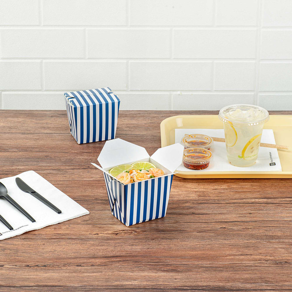 Bio Tek 16 oz Square Blue and White Stripe Paper Noodle Take Out Container - 3 1/2" x 3" x 3 1/4" - 200 count box