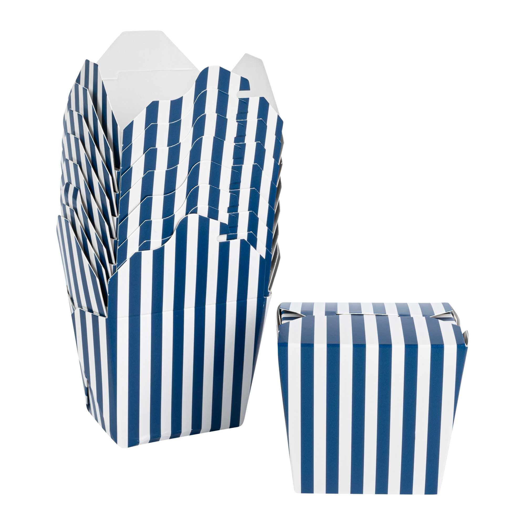 Bio Tek 16 oz Square Blue and White Stripe Paper Noodle Take Out Container - 3 1/2" x 3" x 3 1/4" - 50 count box