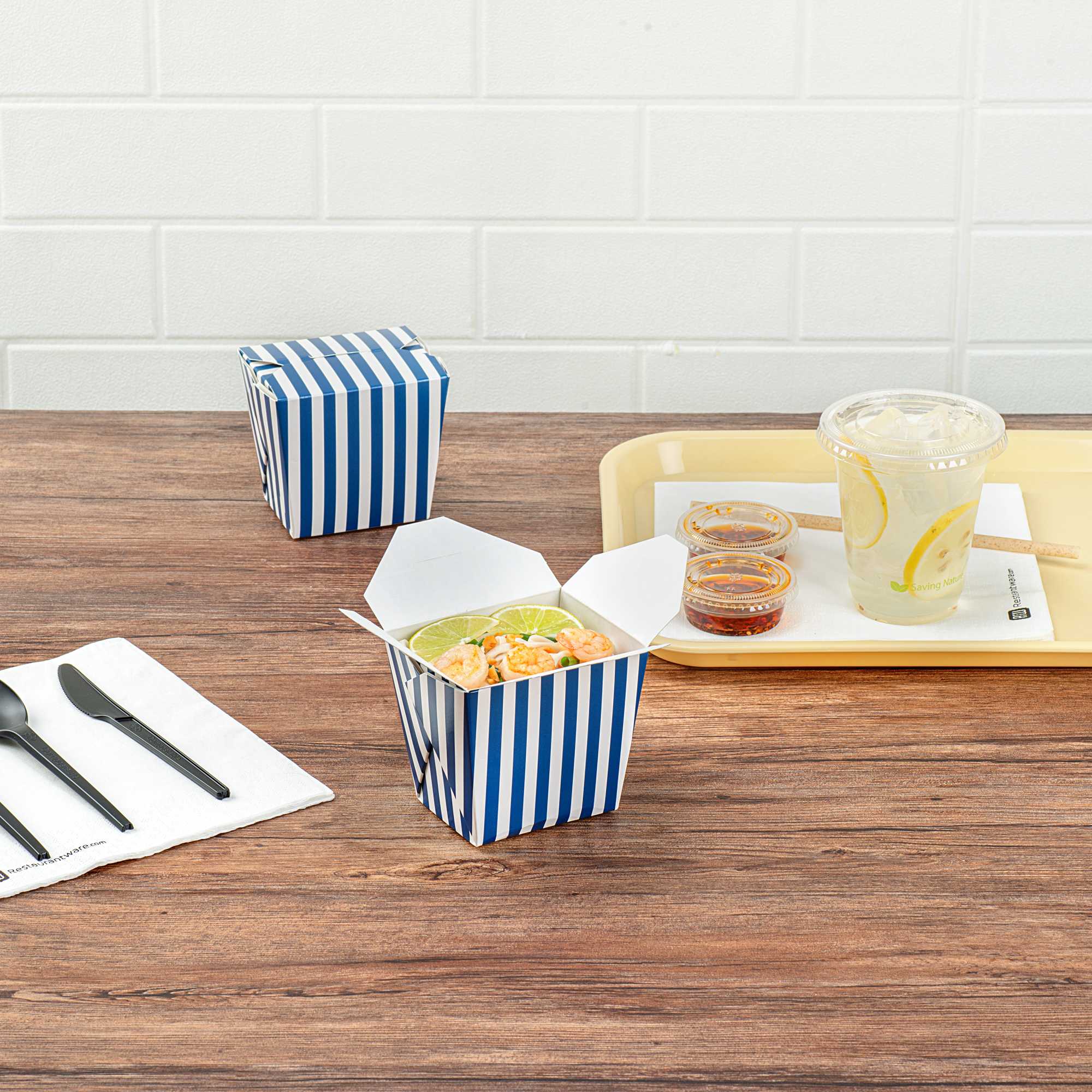 Bio Tek 16 oz Square Blue and White Stripe Paper Noodle Take Out Container - 3 1/2" x 3" x 3 1/4" - 50 count box