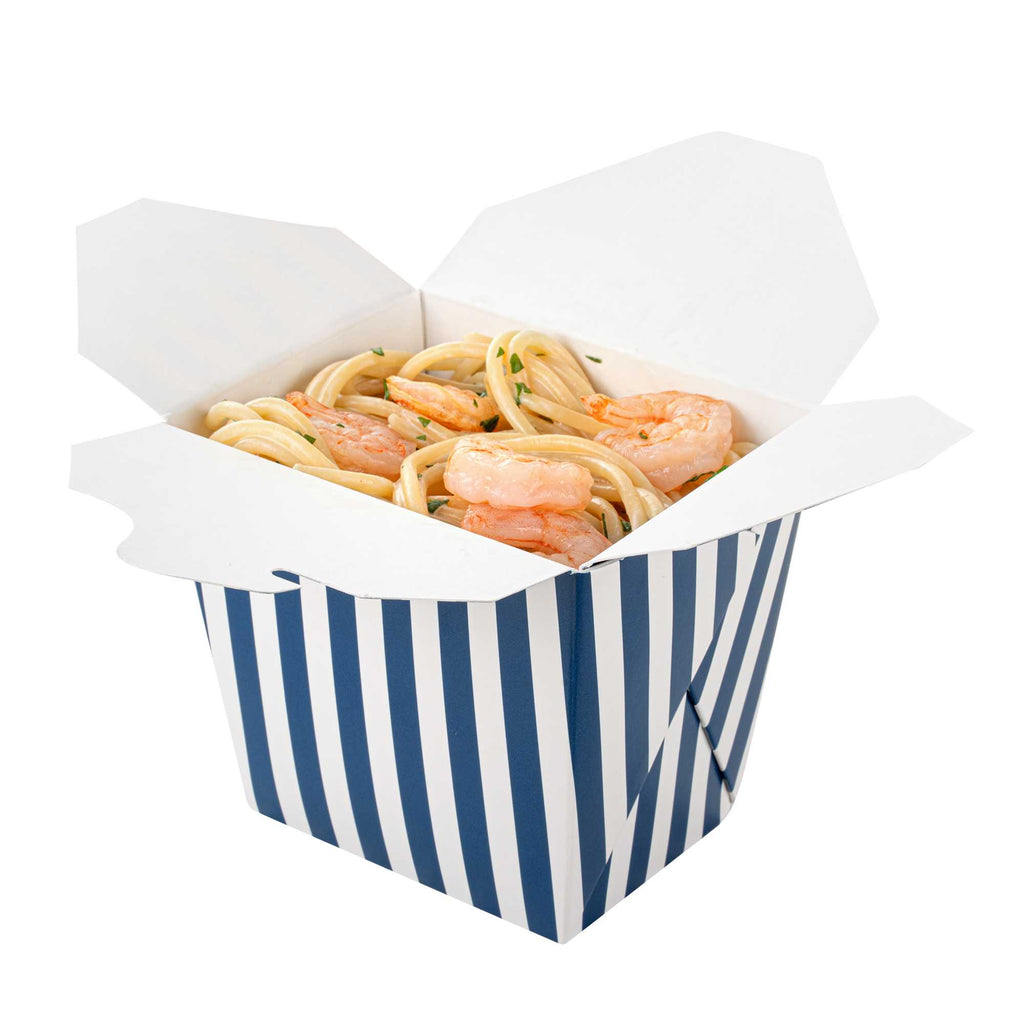 Bio Tek 16 oz Square Blue and White Stripe Paper Noodle Take Out Container - 3 1/2" x 3" x 3 1/4" - 50 count box