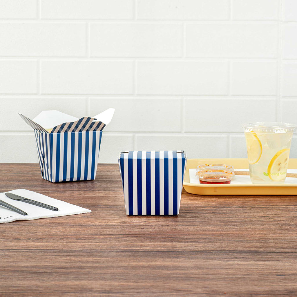 Bio Tek 16 oz Square Blue and White Stripe Paper Noodle Take Out Container - 3 1/2" x 3" x 3 1/4" - 50 count box