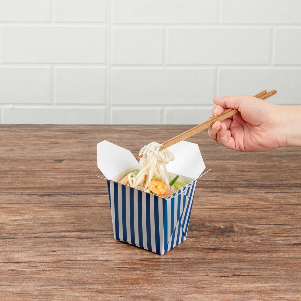 Bio Tek 16 oz Square Blue and White Stripe Paper Noodle Take Out Container - 3 1/2" x 3" x 3 1/4" - 50 count box