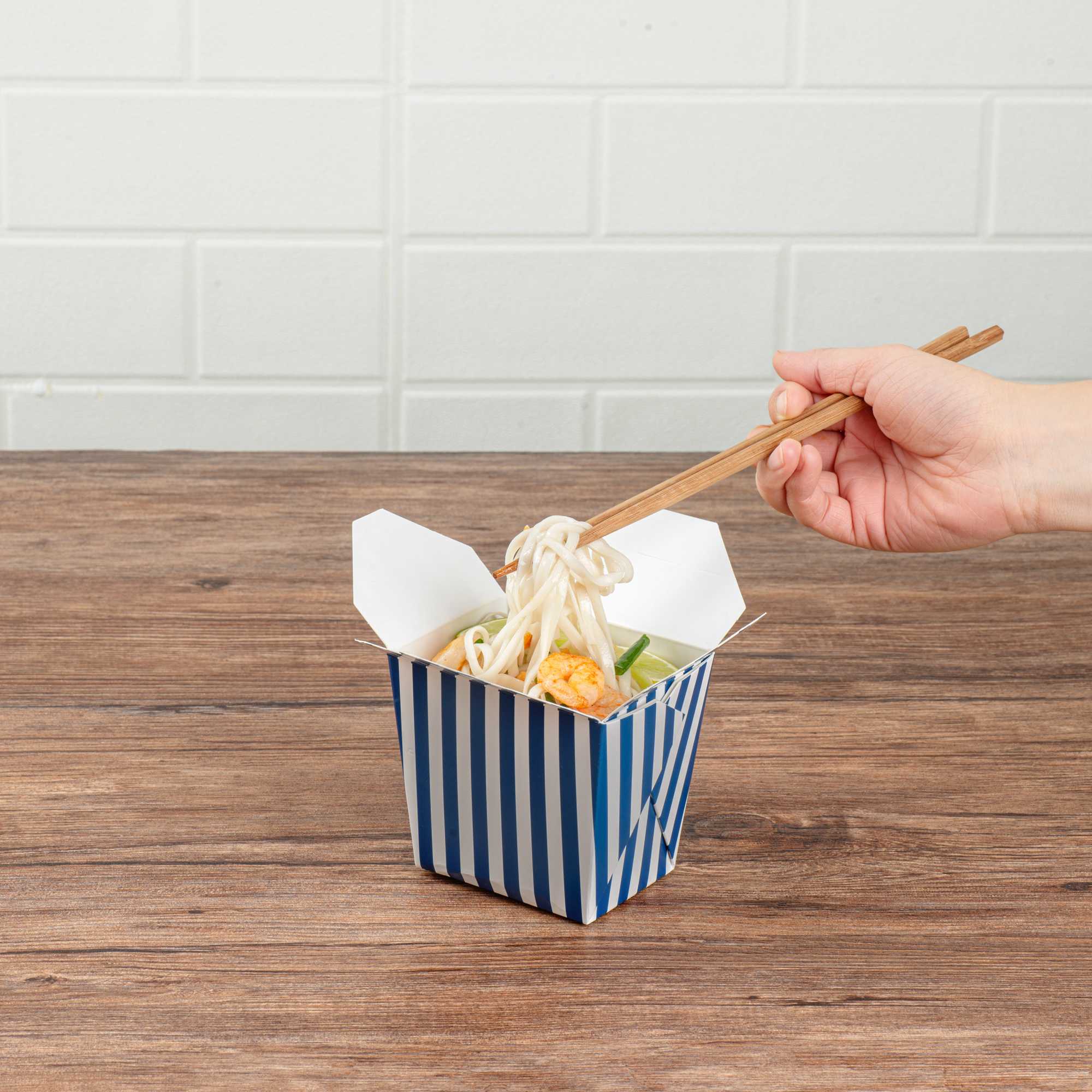Bio Tek 16 oz Square Blue and White Stripe Paper Noodle Take Out Container - 3 1/2" x 3" x 3 1/4" - 50 count box