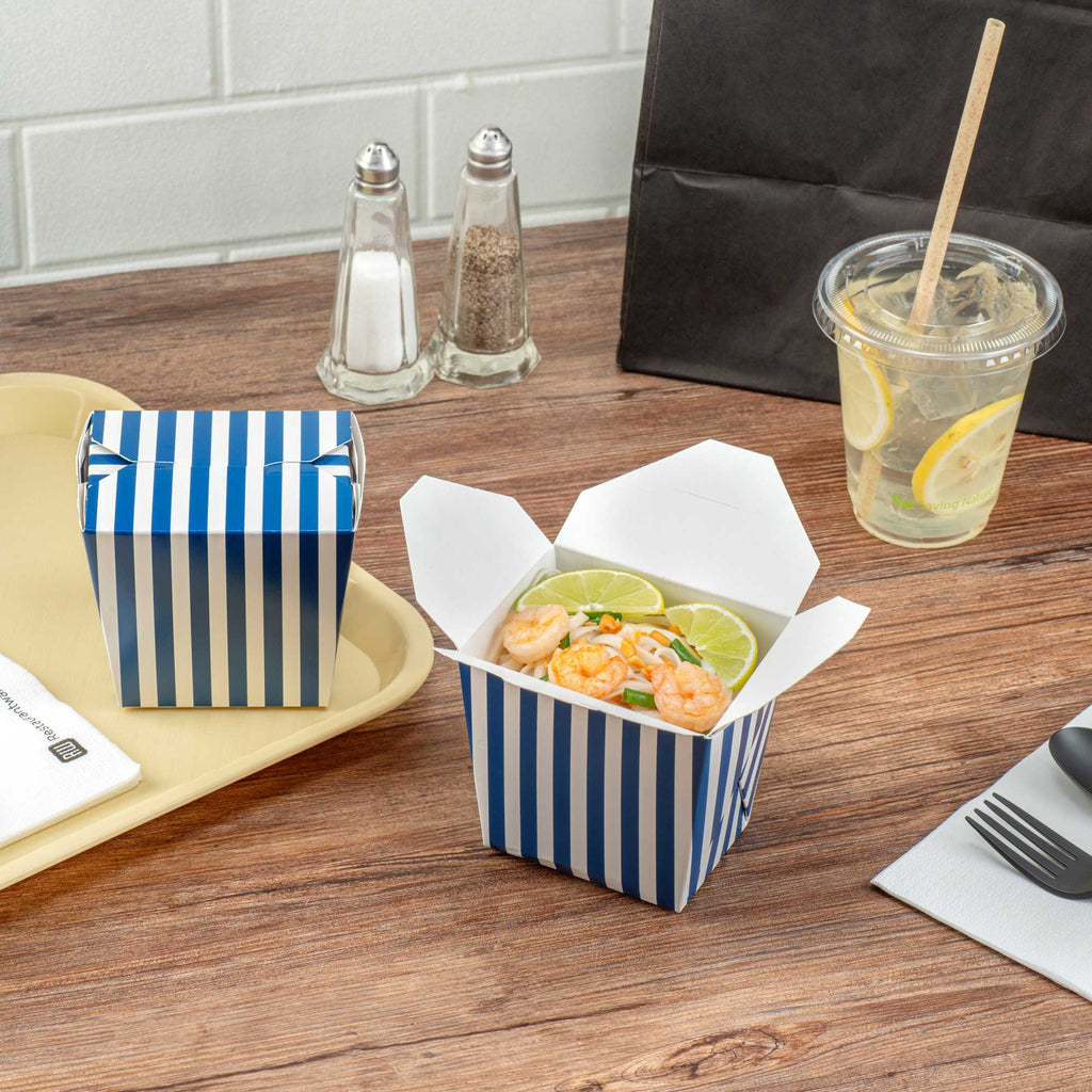 Bio Tek 16 oz Square Blue and White Stripe Paper Noodle Take Out Container - 3 1/2" x 3" x 3 1/4" - 50 count box