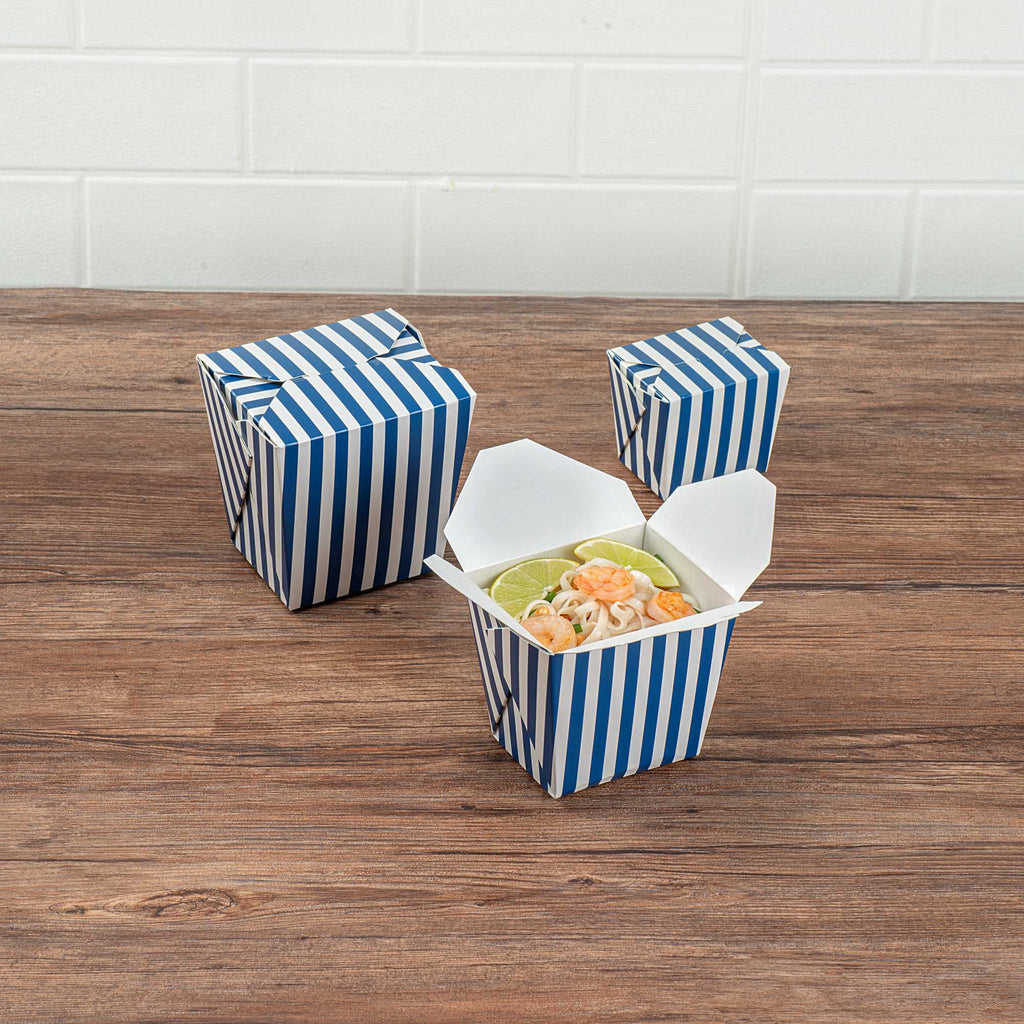Bio Tek 16 oz Square Blue and White Stripe Paper Noodle Take Out Container - 3 1/2" x 3" x 3 1/4" - 50 count box