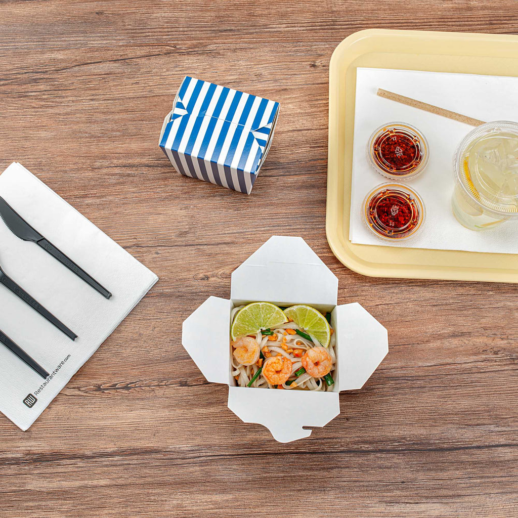 Bio Tek 16 oz Square Blue and White Stripe Paper Noodle Take Out Container - 3 1/2" x 3" x 3 1/4" - 200 count box