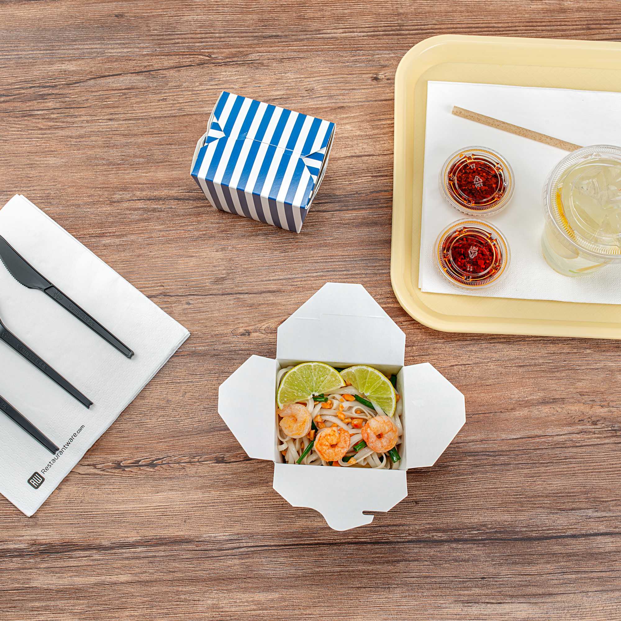 Bio Tek 16 oz Square Blue and White Stripe Paper Noodle Take Out Container - 3 1/2" x 3" x 3 1/4" - 200 count box