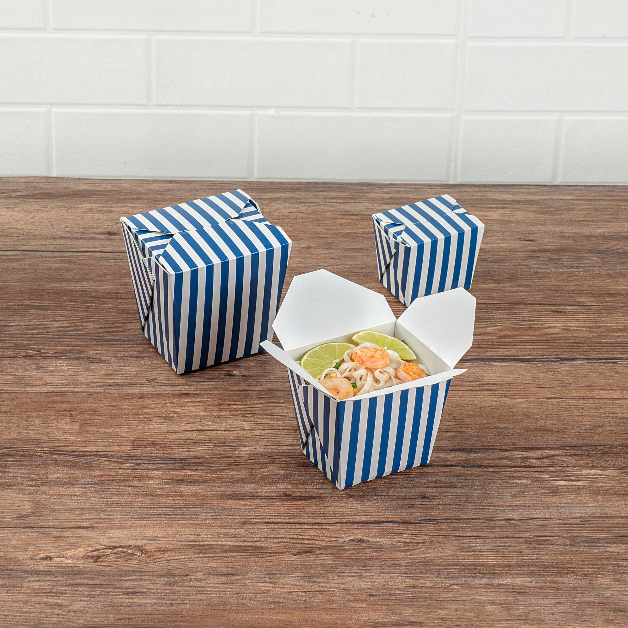Bio Tek 16 oz Square Blue and White Stripe Paper Noodle Take Out Container - 3 1/2" x 3" x 3 1/4" - 200 count box