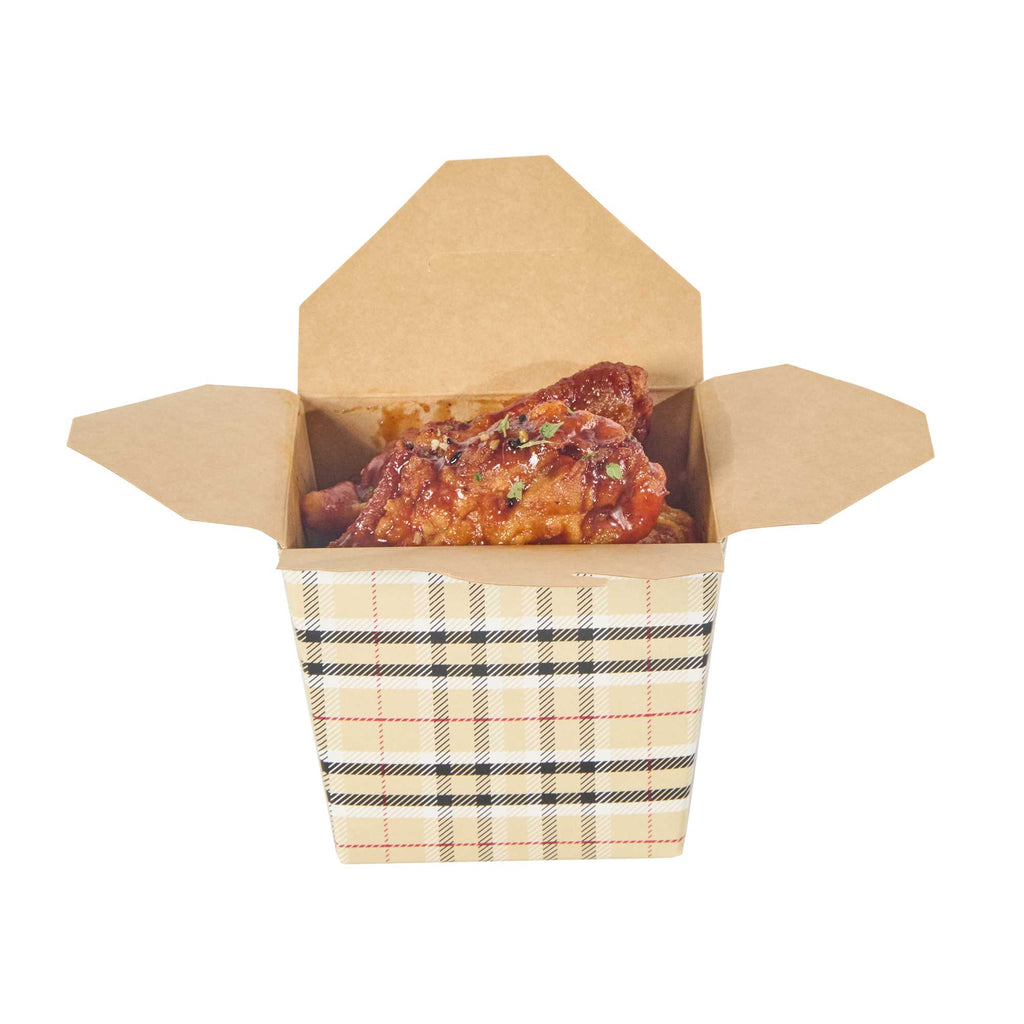 Bio Tek 16 oz Square Plaid Paper Noodle Take Out Container - 3 1/2" x 3" x 3 1/4" - 50 count box