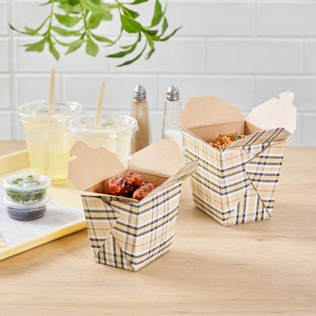 Bio Tek 16 oz Square Plaid Paper Noodle Take Out Container - 3 1/2" x 3" x 3 1/4" - 50 count box