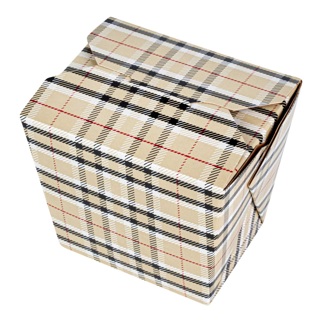 Bio Tek 16 oz Square Plaid Paper Noodle Take Out Container - 3 1/2" x 3" x 3 1/4" - 200 count box