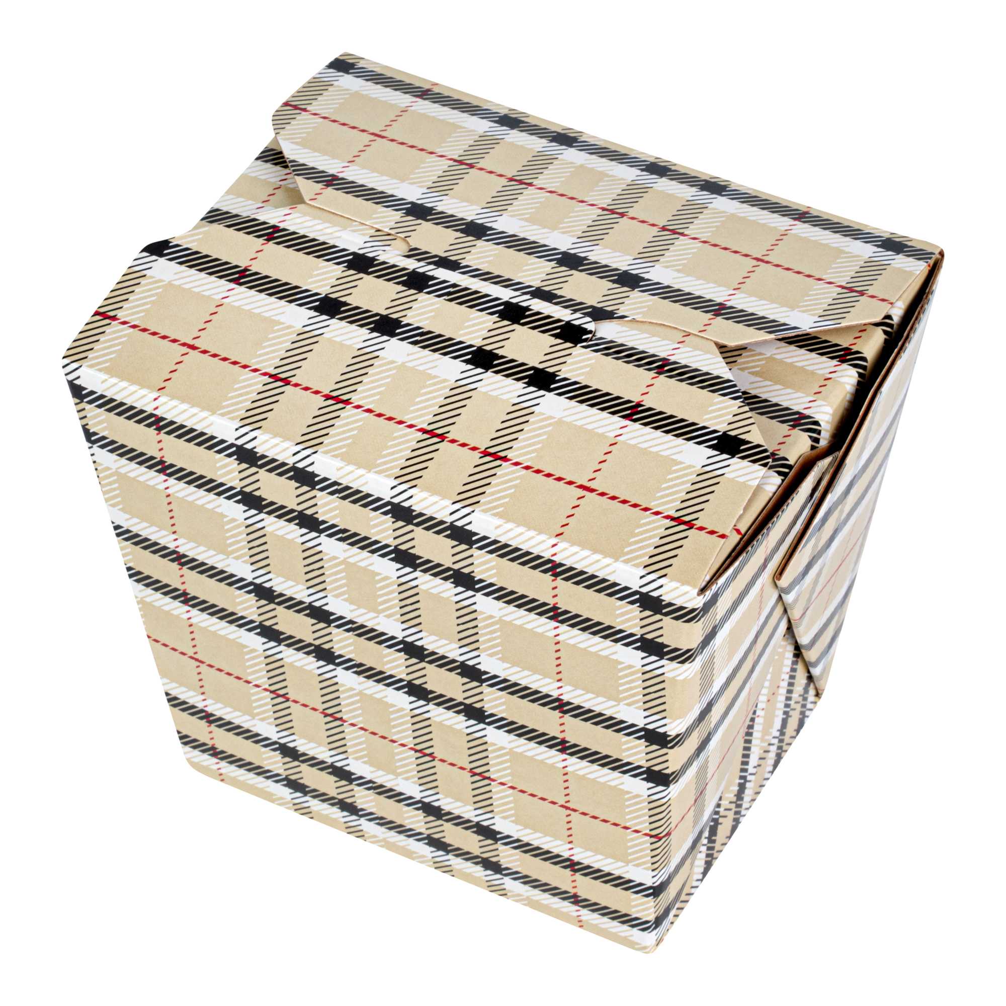 Bio Tek 16 oz Square Plaid Paper Noodle Take Out Container - 3 1/2" x 3" x 3 1/4" - 200 count box