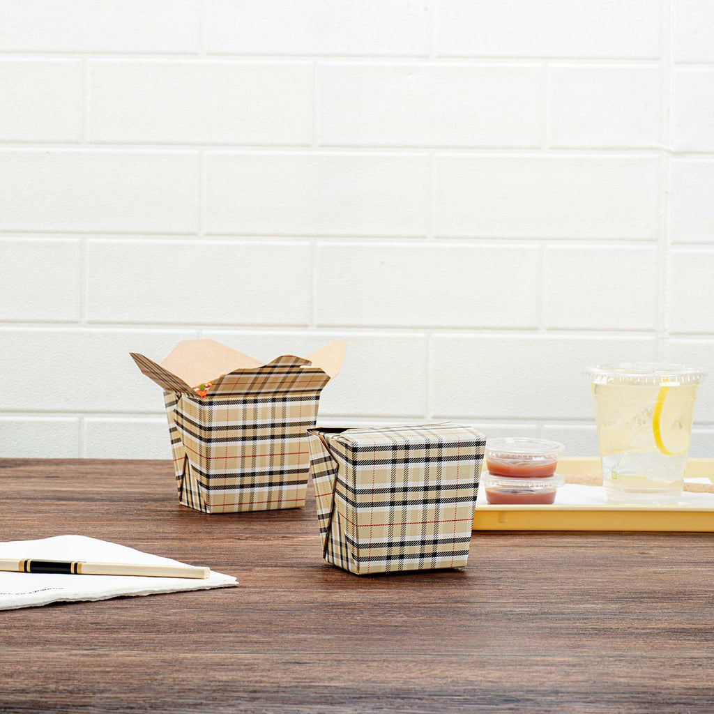 Bio Tek 16 oz Square Plaid Paper Noodle Take Out Container - 3 1/2" x 3" x 3 1/4" - 200 count box