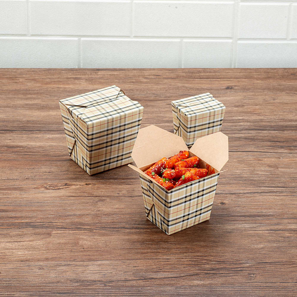 Bio Tek 16 oz Square Plaid Paper Noodle Take Out Container - 3 1/2" x 3" x 3 1/4" - 200 count box