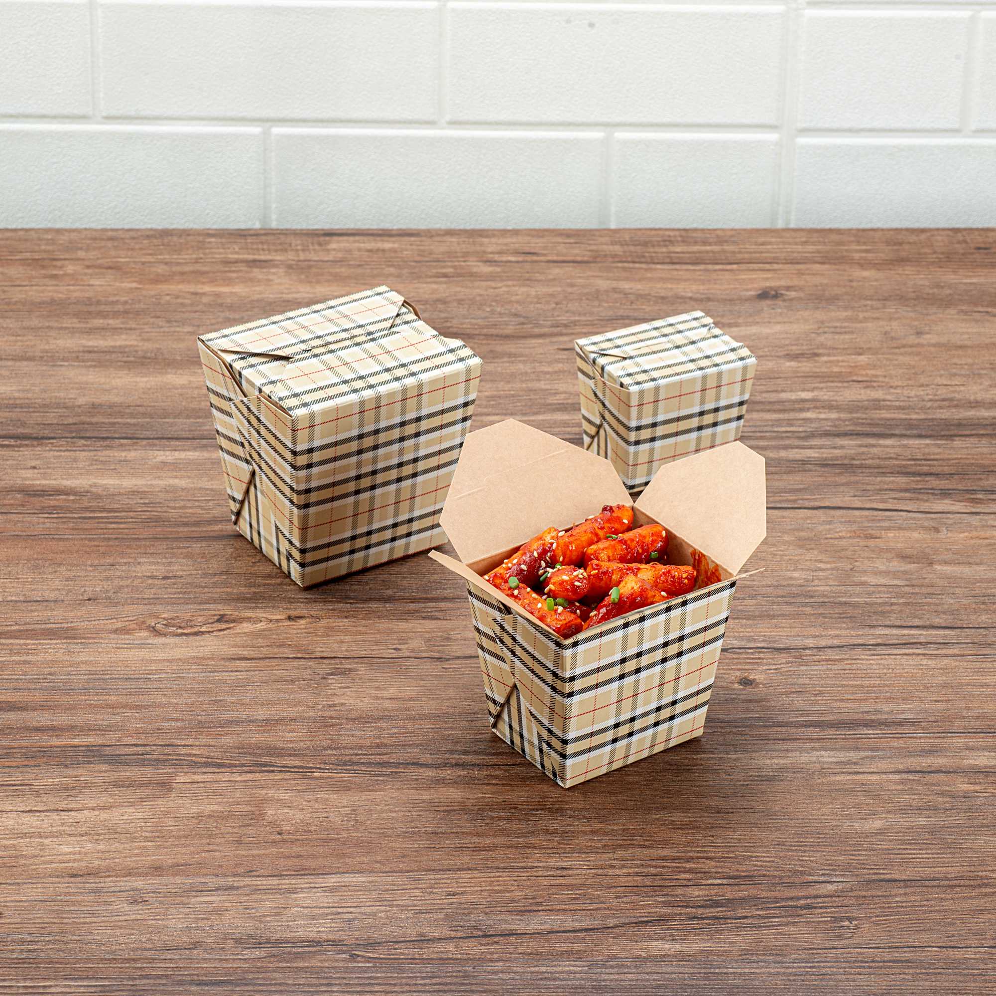 Bio Tek 16 oz Square Plaid Paper Noodle Take Out Container - 3 1/2" x 3" x 3 1/4" - 200 count box