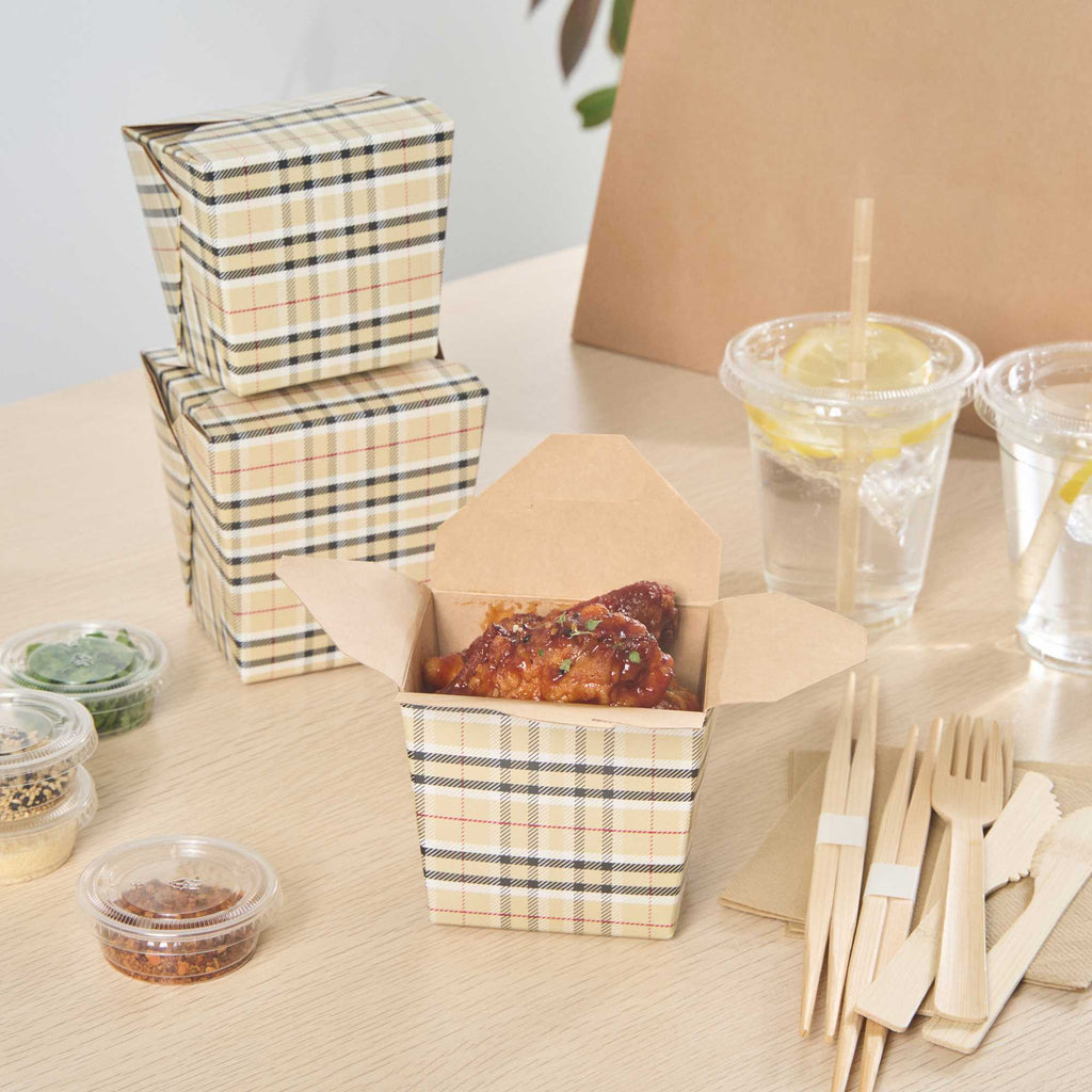 Bio Tek 16 oz Square Plaid Paper Noodle Take Out Container - 3 1/2" x 3" x 3 1/4" - 200 count box