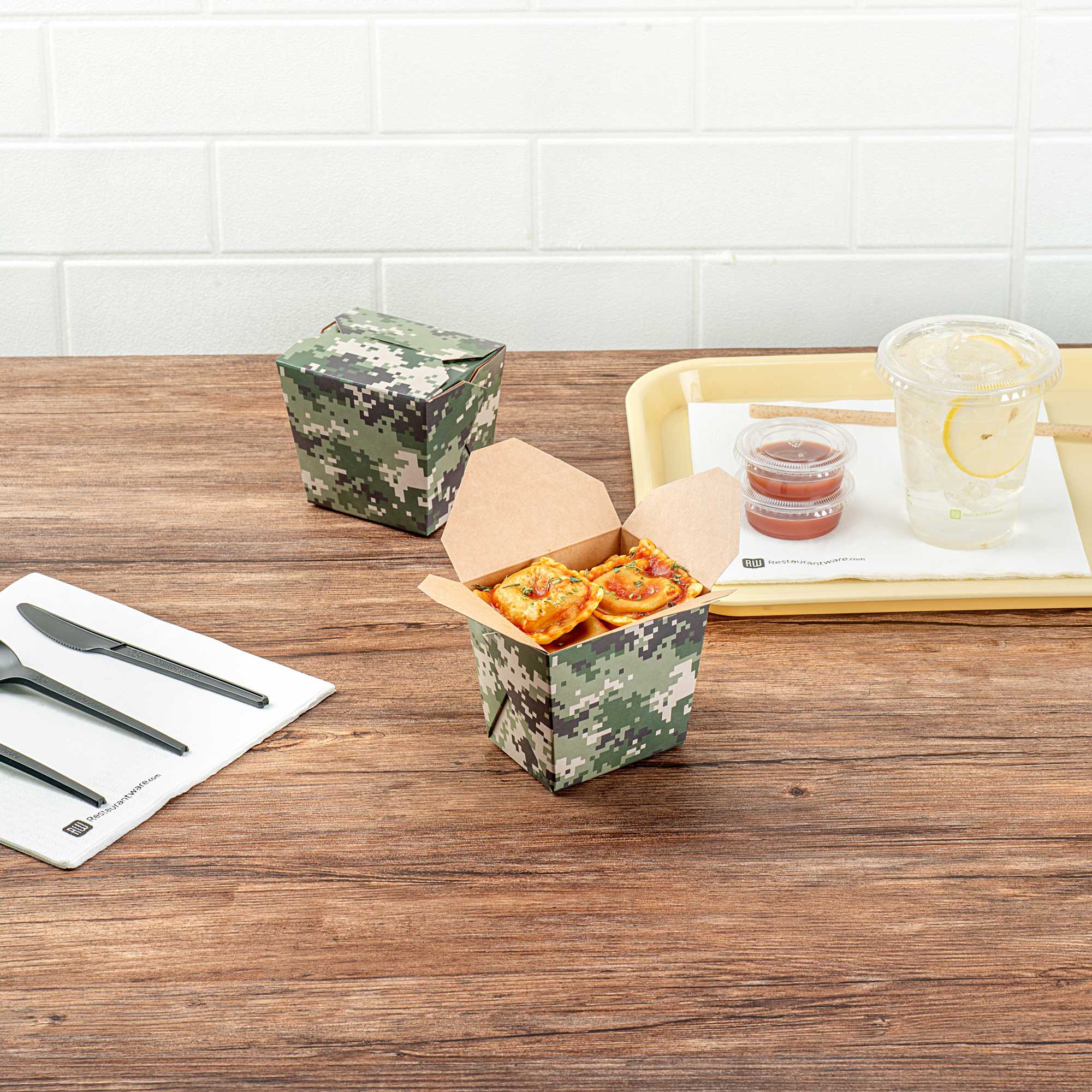 Bio Tek 16 oz Square Camouflage Paper Noodle Take Out Container - 3 1/2" x 3" x 3 1/4" - 50 count box