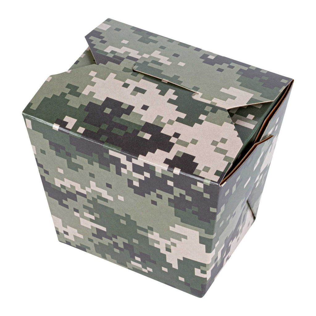 Bio Tek 16 oz Square Camouflage Paper Noodle Take Out Container - 3 1/2" x 3" x 3 1/4" - 50 count box