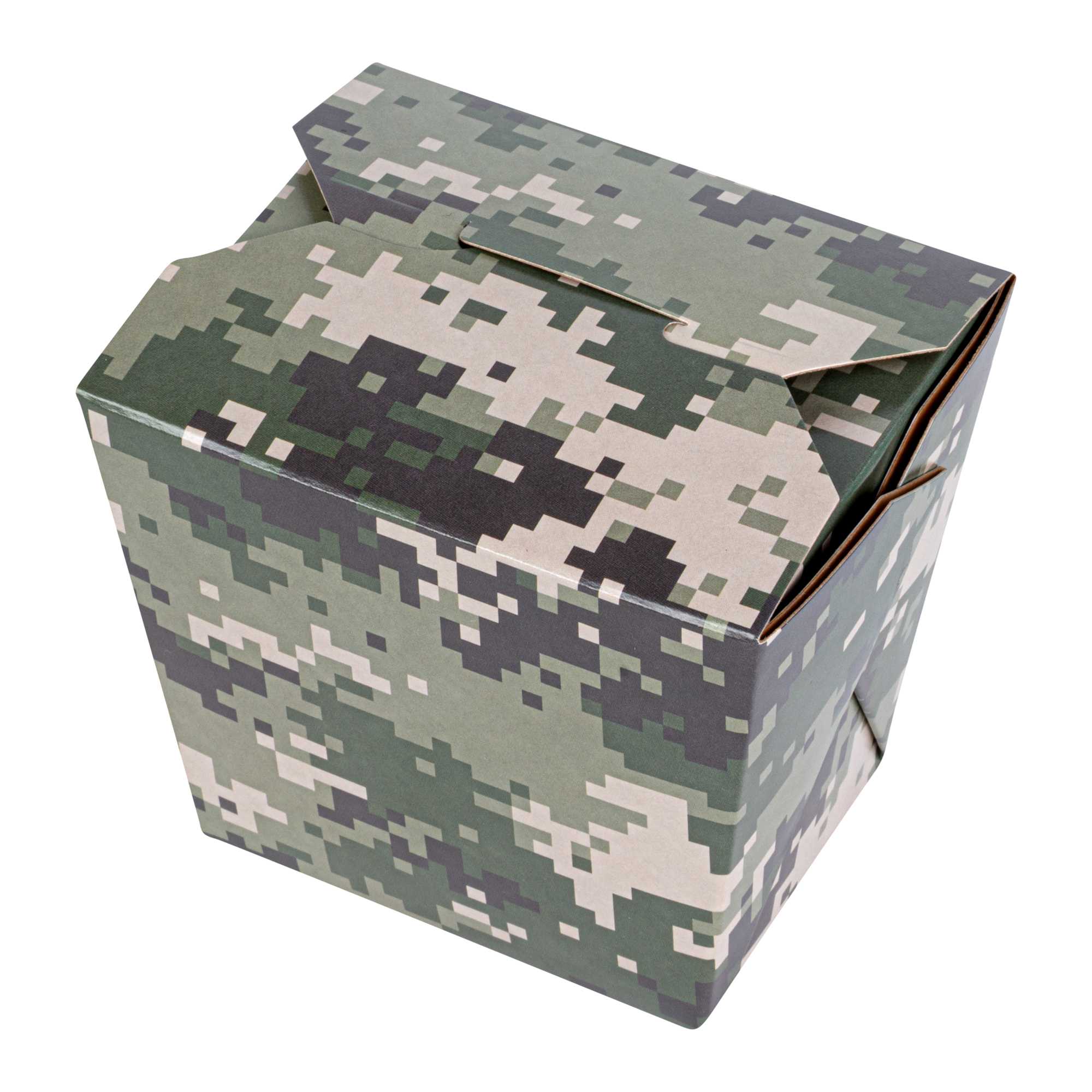 Bio Tek 16 oz Square Camouflage Paper Noodle Take Out Container - 3 1/2" x 3" x 3 1/4" - 200 count box
