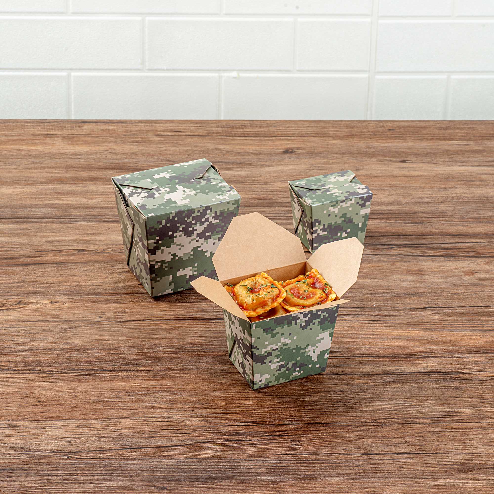 Bio Tek 16 oz Square Camouflage Paper Noodle Take Out Container - 3 1/2" x 3" x 3 1/4" - 200 count box