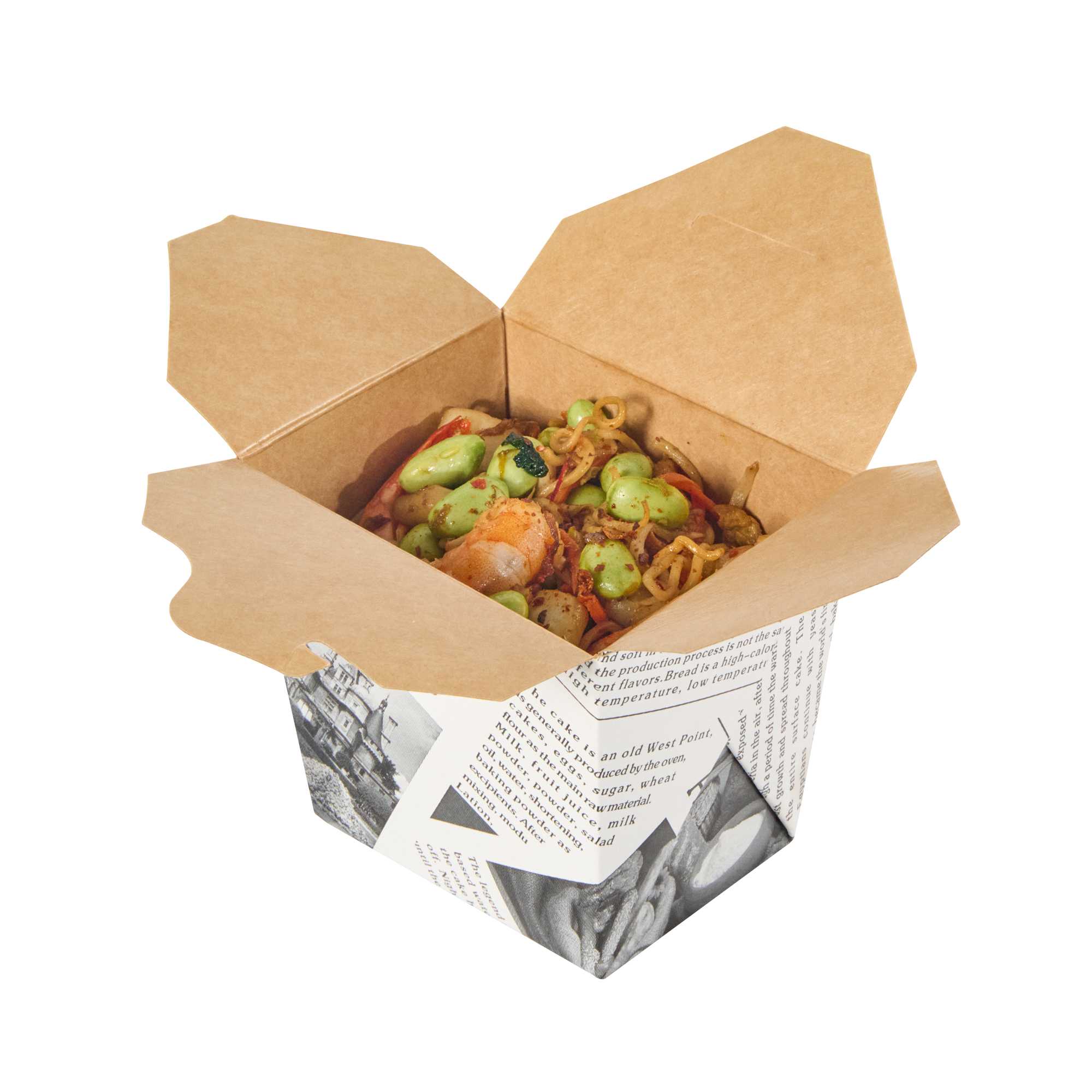 Bio Tek 16 oz Square Newsprint Paper Noodle Take Out Container - 3 1/2" x 3" x 3 1/4" - 25 count box