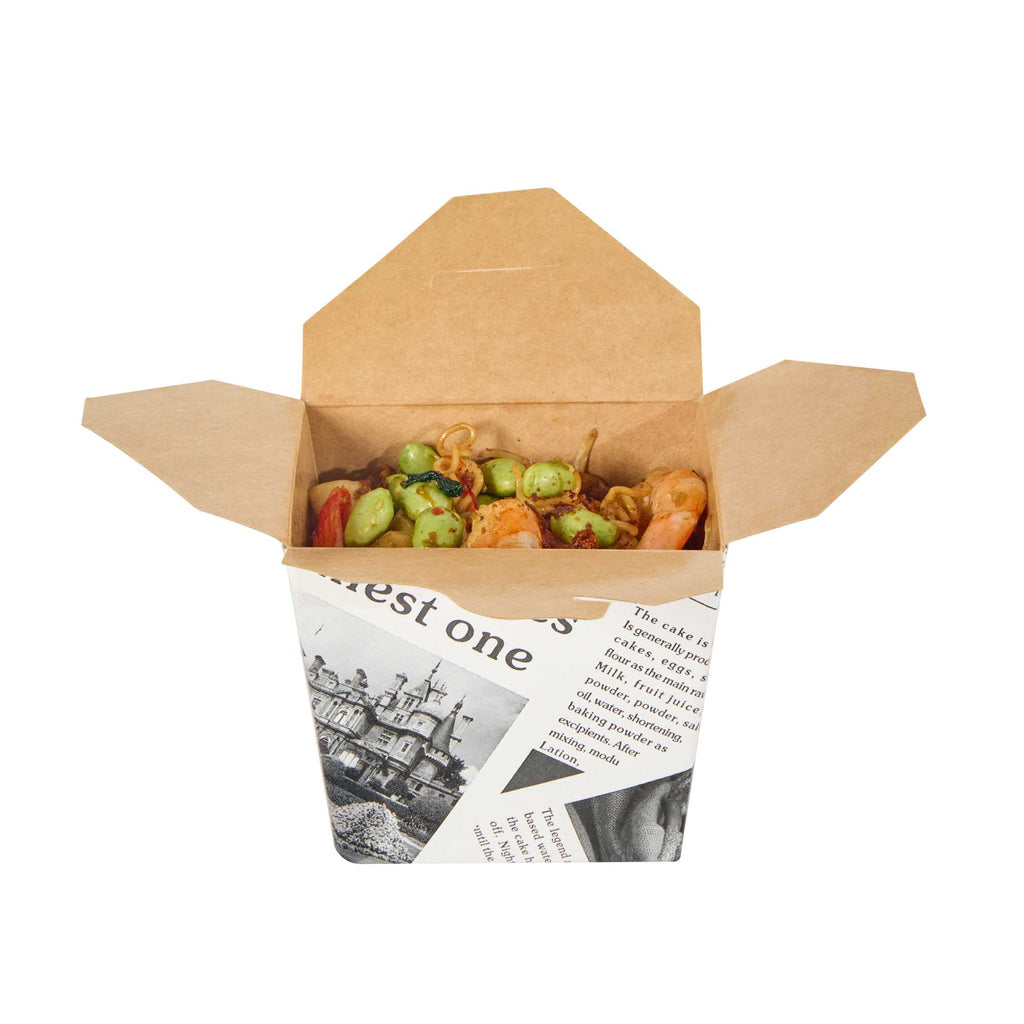 Bio Tek 16 oz Square Newsprint Paper Noodle Take Out Container - 3 1/2" x 3" x 3 1/4" - 25 count box