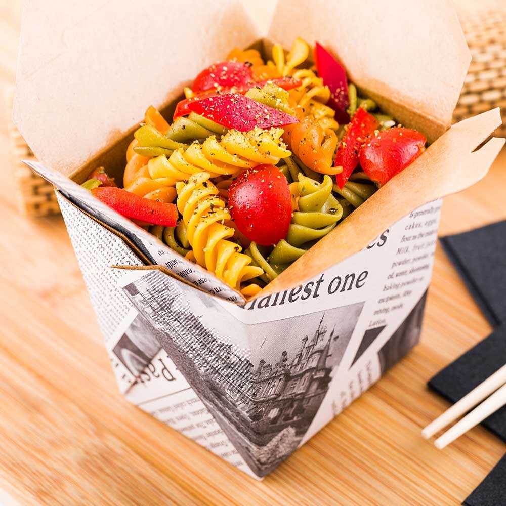 Bio Tek 16 oz Square Newsprint Paper Noodle Take Out Container - 3 1/2" x 3" x 3 1/4" - 200 count box