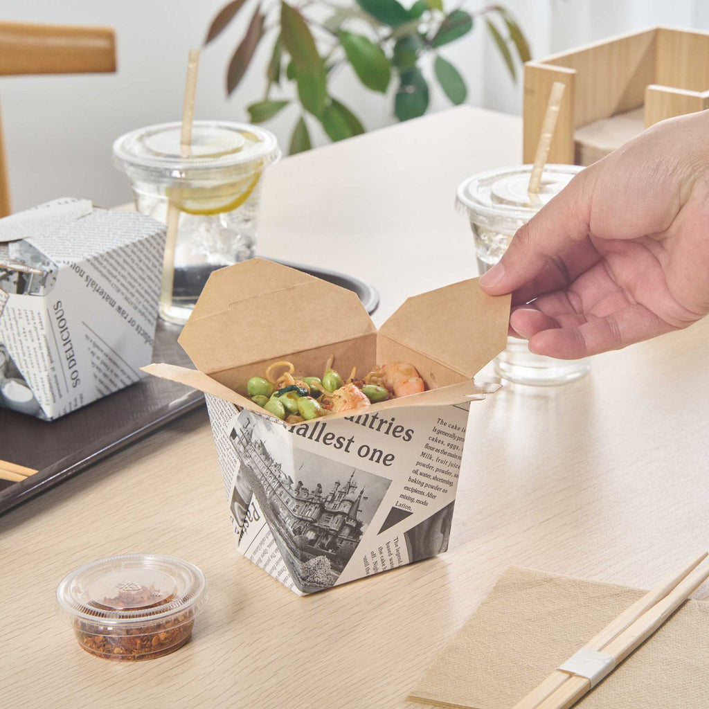 Bio Tek 16 oz Square Newsprint Paper Noodle Take Out Container - 3 1/2" x 3" x 3 1/4" - 200 count box