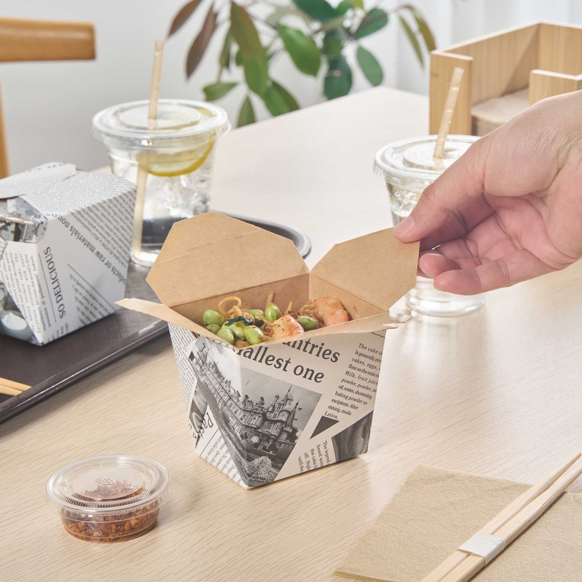 Bio Tek 16 oz Square Newsprint Paper Noodle Take Out Container - 3 1/2" x 3" x 3 1/4" - 200 count box