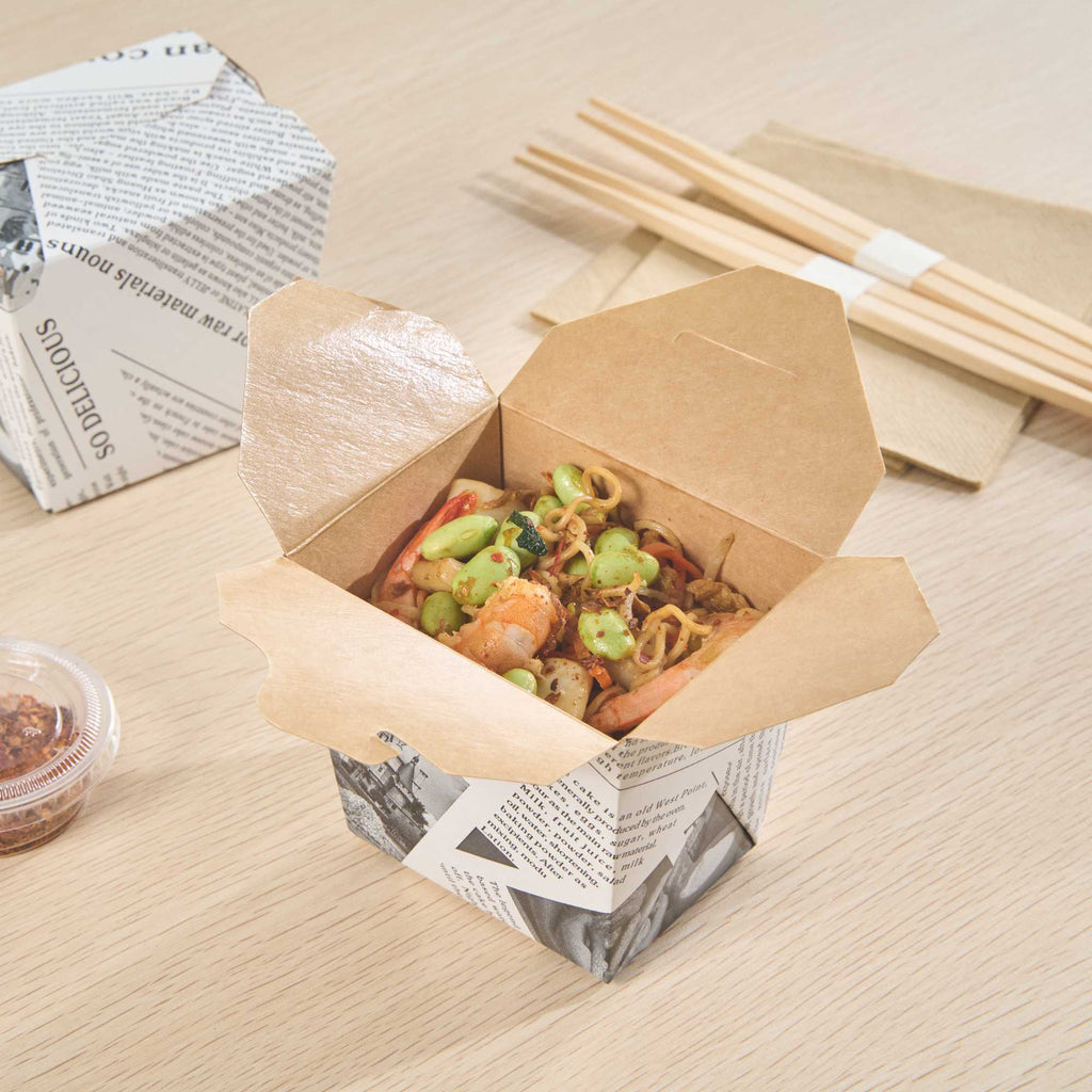 Bio Tek 16 oz Square Newsprint Paper Noodle Take Out Container - 3 1/2" x 3" x 3 1/4" - 200 count box