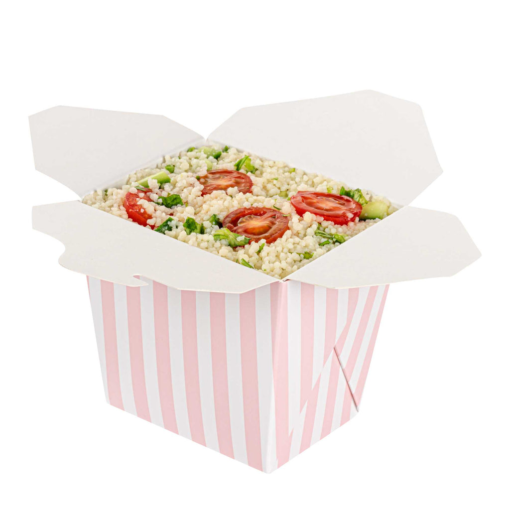 Bio Tek 16 oz Square Pink and White Stripe Paper Noodle Take Out Container - 3 1/2" x 3" x 3 1/4" - 50 count box