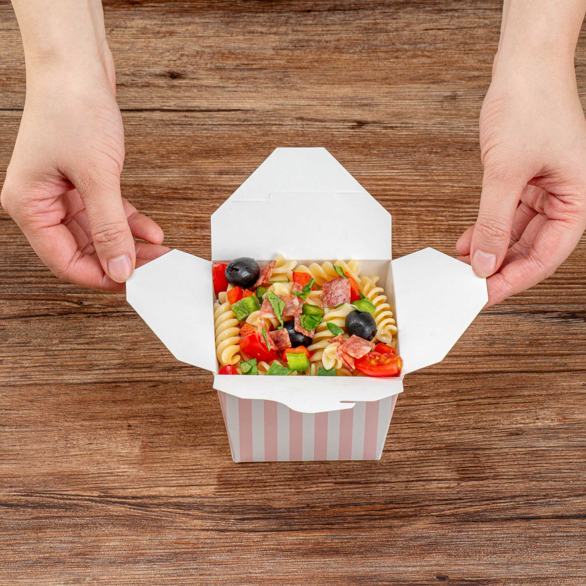 Bio Tek 16 oz Square Pink and White Stripe Paper Noodle Take Out Container - 3 1/2" x 3" x 3 1/4" - 50 count box