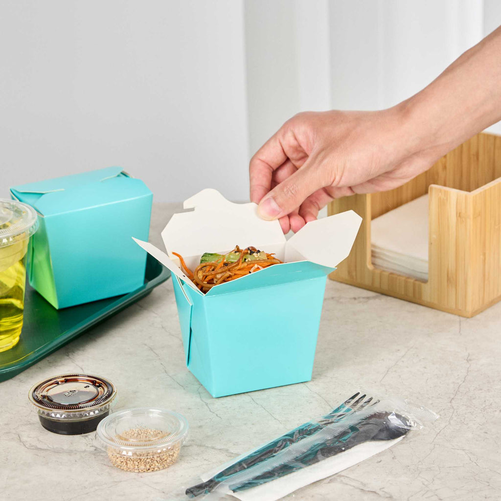 Bio Tek 16 oz Square Turquoise Paper Noodle Take Out Container - 3 1/2" x 3" x 3 1/4" - 50 count box