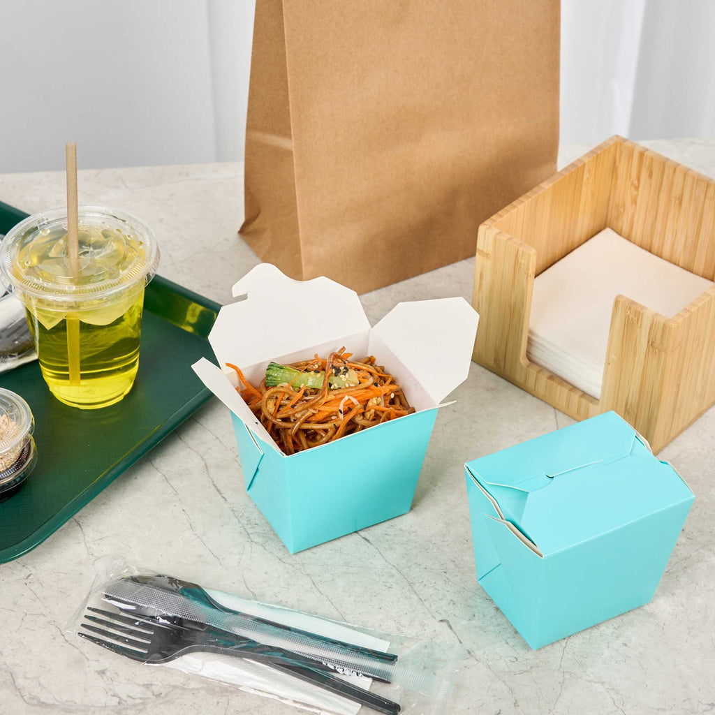 Bio Tek 16 oz Square Turquoise Paper Noodle Take Out Container - 3 1/2" x 3" x 3 1/4" - 50 count box