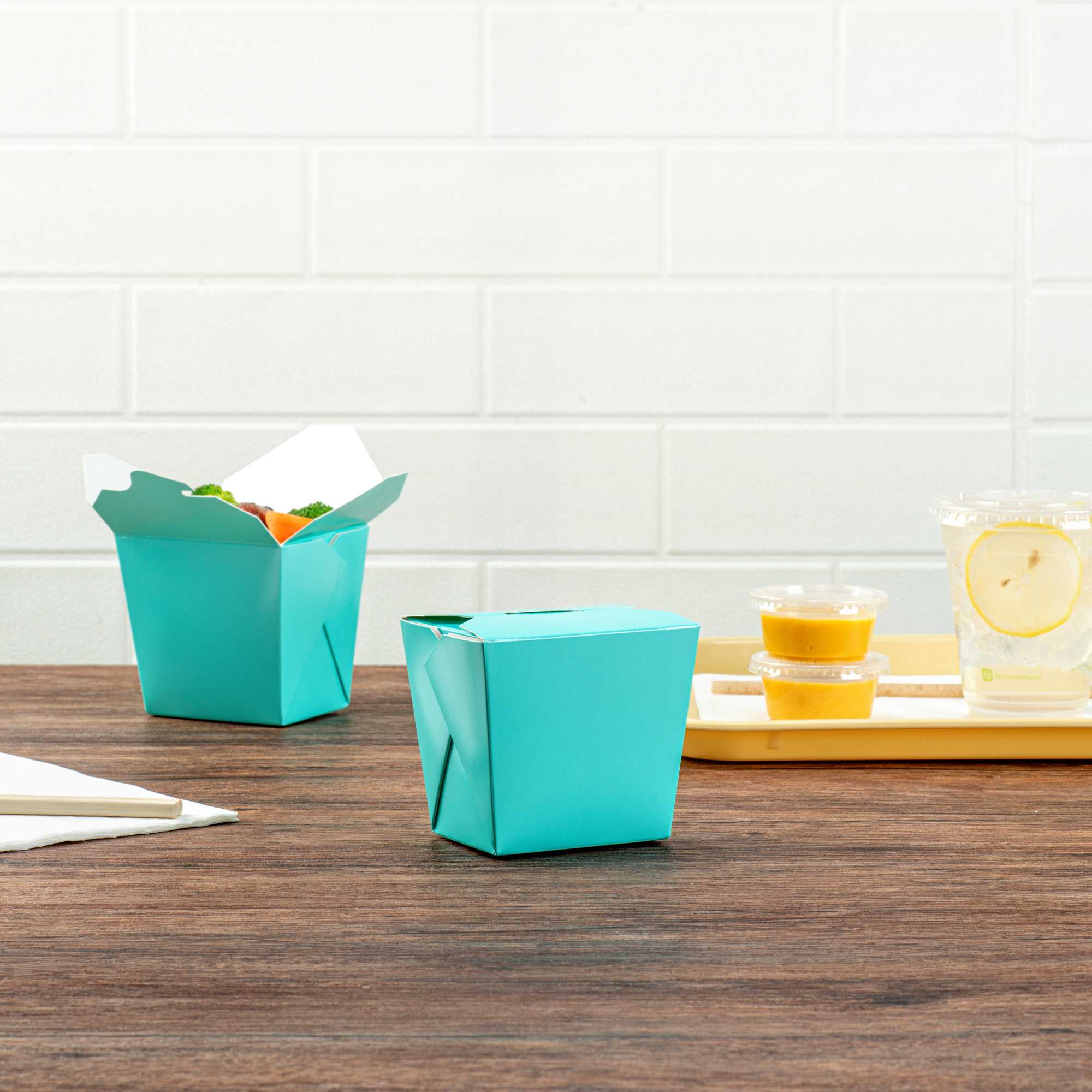 Bio Tek 16 oz Square Turquoise Paper Noodle Take Out Container - 3 1/2" x 3" x 3 1/4" - 200 count box