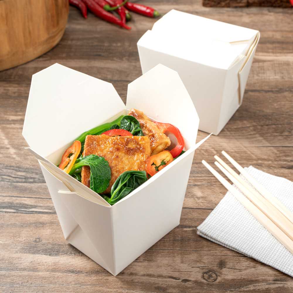 Bio Tek 16 oz Square White Paper Noodle Take Out Container - 3 1/2" x 3" x 3 1/4" - 25 count box