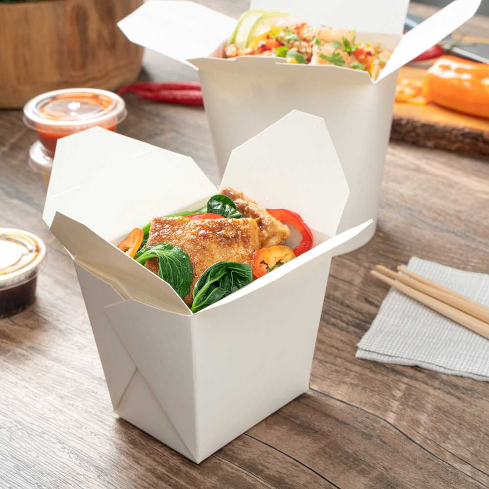Bio Tek 16 oz Square White Paper Noodle Take Out Container - 3 1/2" x 3" x 3 1/4" - 25 count box