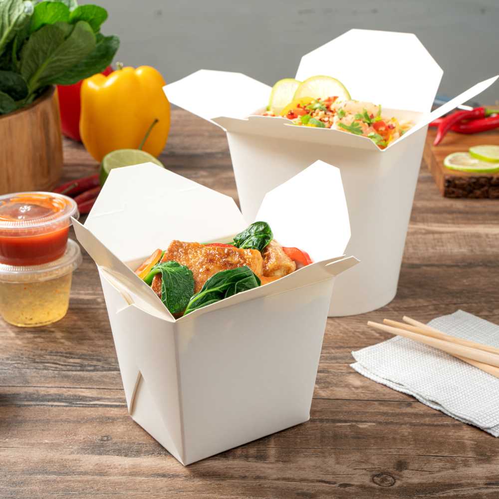 Bio Tek 16 oz Square White Paper Noodle Take Out Container - 3 1/2" x 3" x 3 1/4" - 200 count box