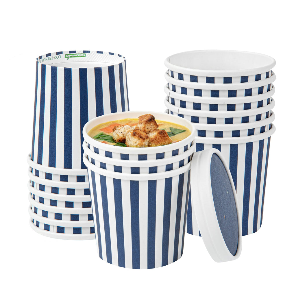 Bio Tek 12 oz Round Blue and White Stripe Paper Soup Container - 3 1/2" x 3 1/2" x 3 1/2" - 25 count box