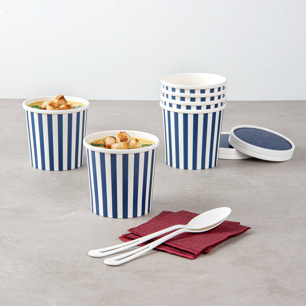 Bio Tek 12 oz Round Blue and White Stripe Paper Soup Container - 3 1/2" x 3 1/2" x 3 1/2" - 25 count box