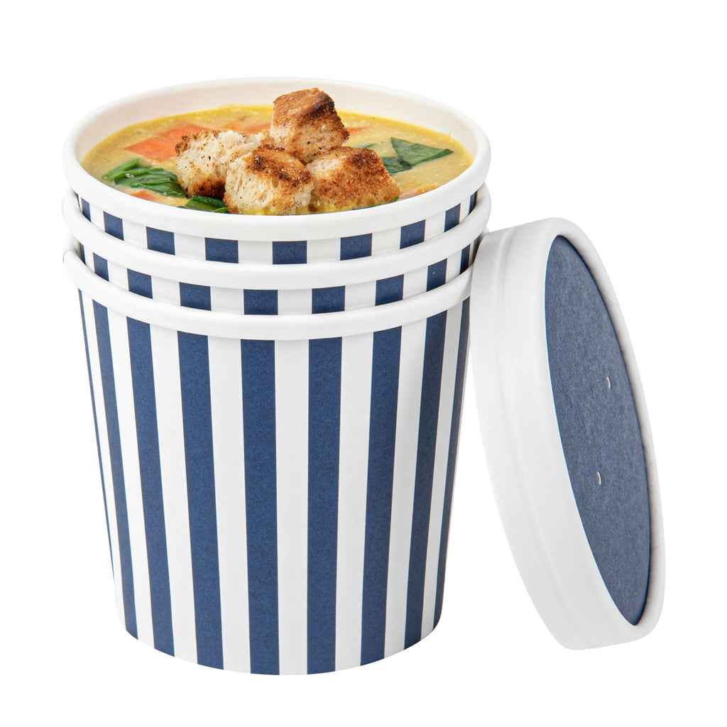 Bio Tek 12 oz Round Blue and White Stripe Paper Soup Container - 3 1/2" x 3 1/2" x 3 1/2" - 25 count box