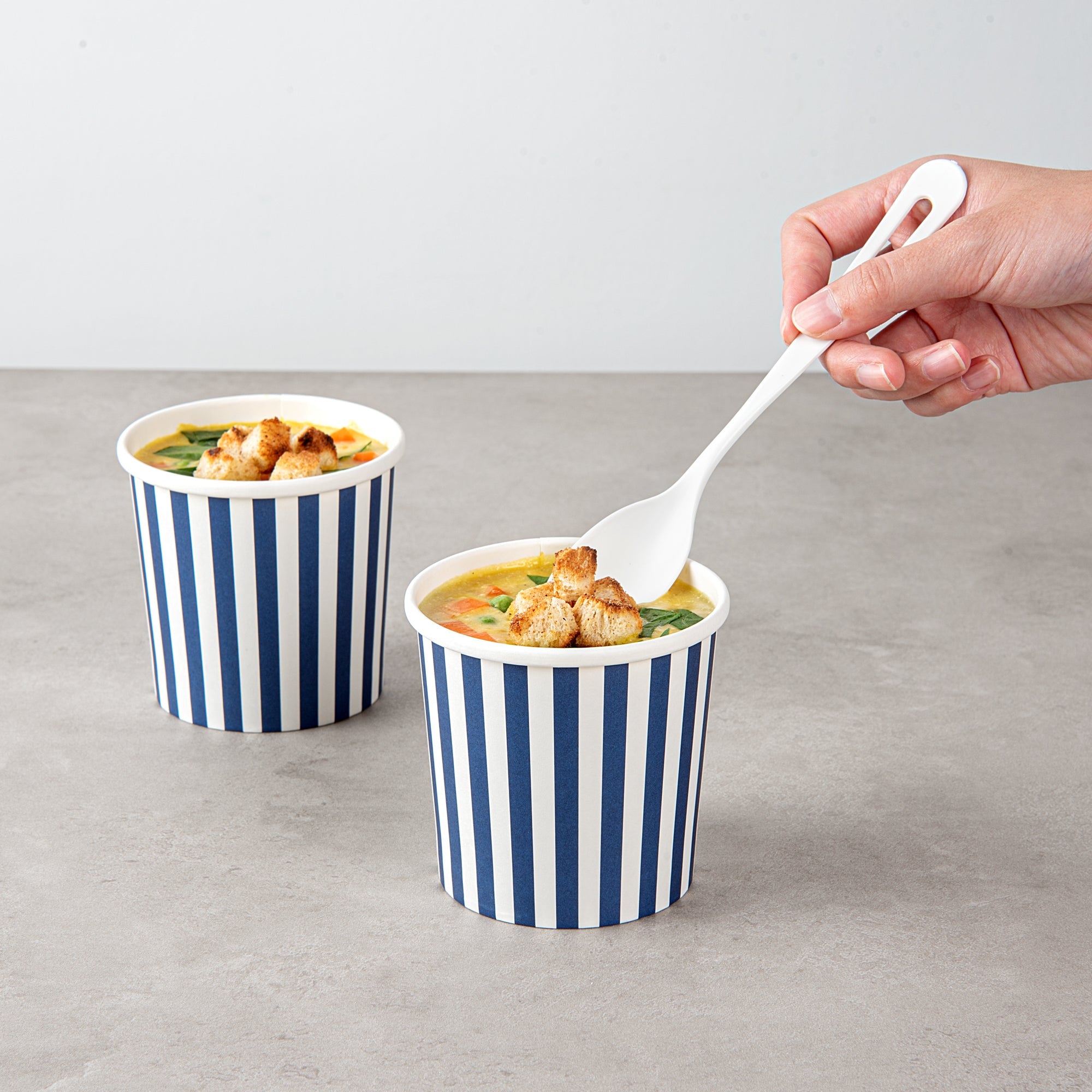 Bio Tek 12 oz Round Blue and White Stripe Paper Soup Container - 3 1/2" x 3 1/2" x 3 1/2" - 25 count box
