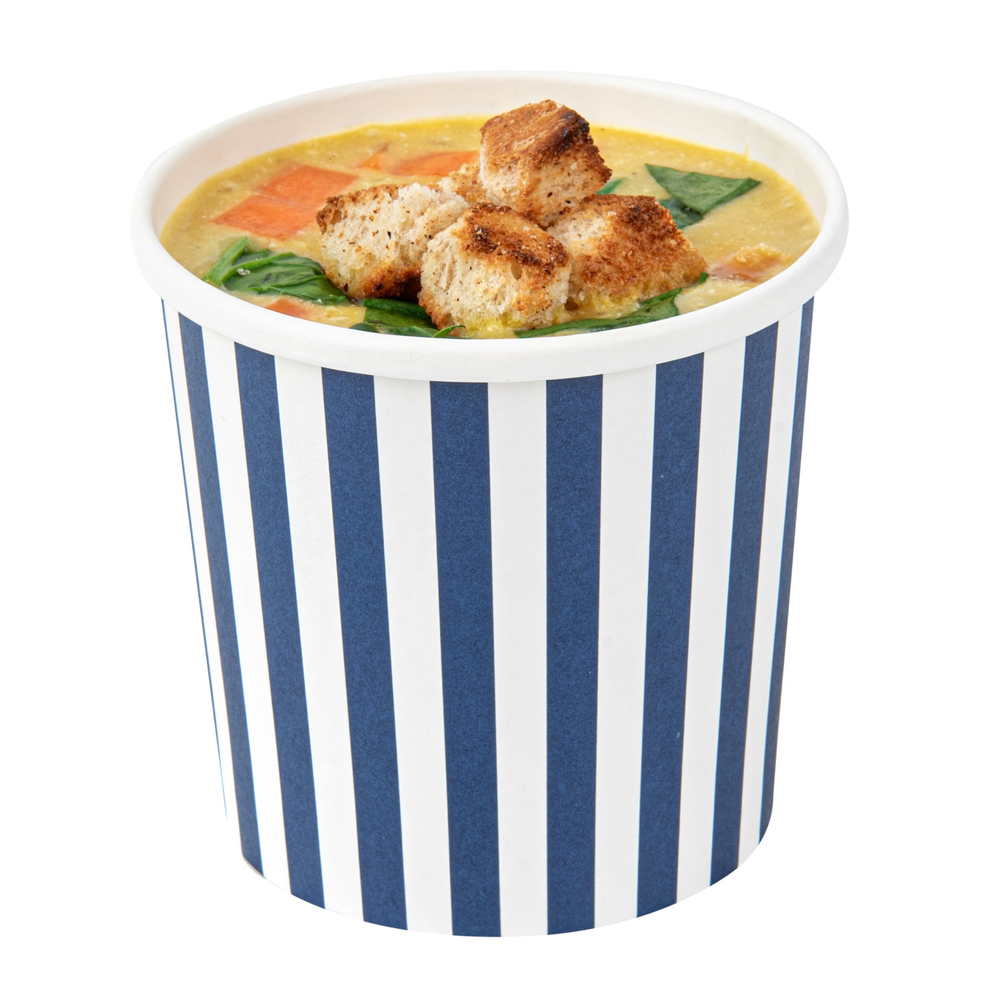 Bio Tek 12 oz Round Blue and White Stripe Paper Soup Container - 3 1/2" x 3 1/2" x 3 1/2" - 200 count box