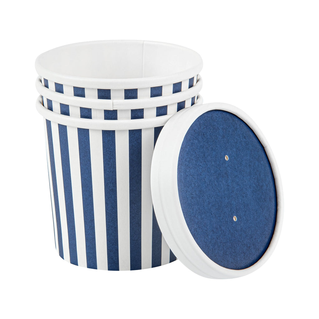 Bio Tek 12 oz Round Blue and White Stripe Paper Soup Container - 3 1/2" x 3 1/2" x 3 1/2" - 200 count box